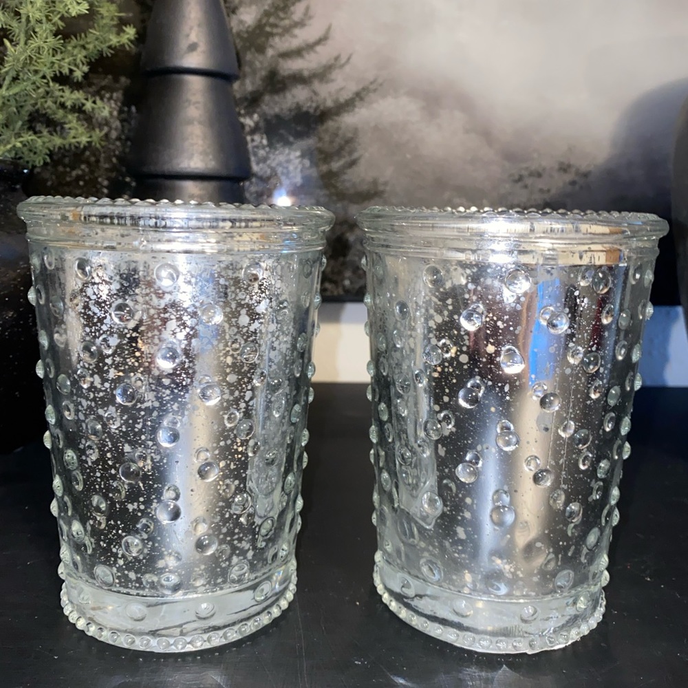 Set Of 2 Silver Mercury Glass Hobnail Candle Holders/Vases Glam Home Decor